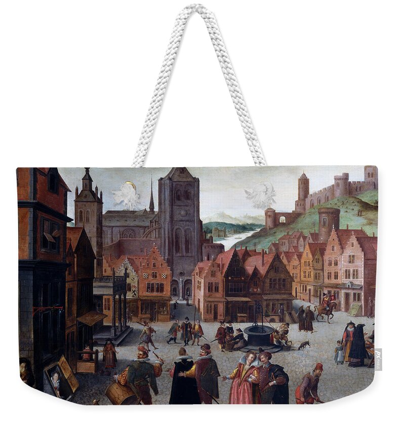 Attributed To Abel Grimmer Weekender Tote Bag featuring the painting The Marketplace in Bergen op Zoom #1 by Attributed to Abel Grimmer