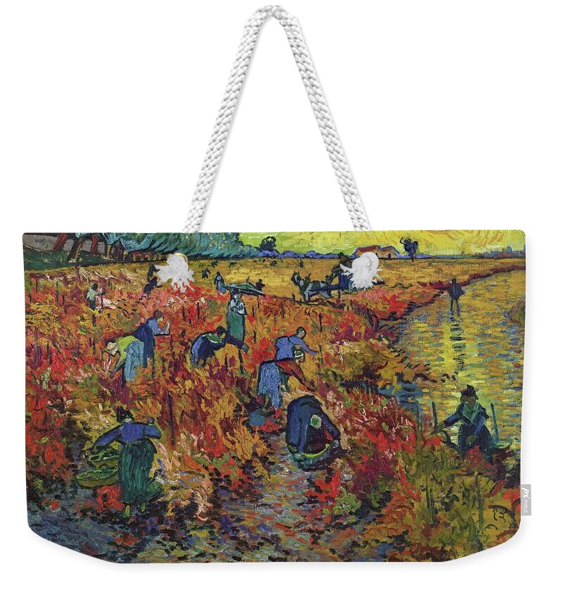 Red Weekender Tote Bag featuring the painting The Red Vineyard by Vincent Van Gogh