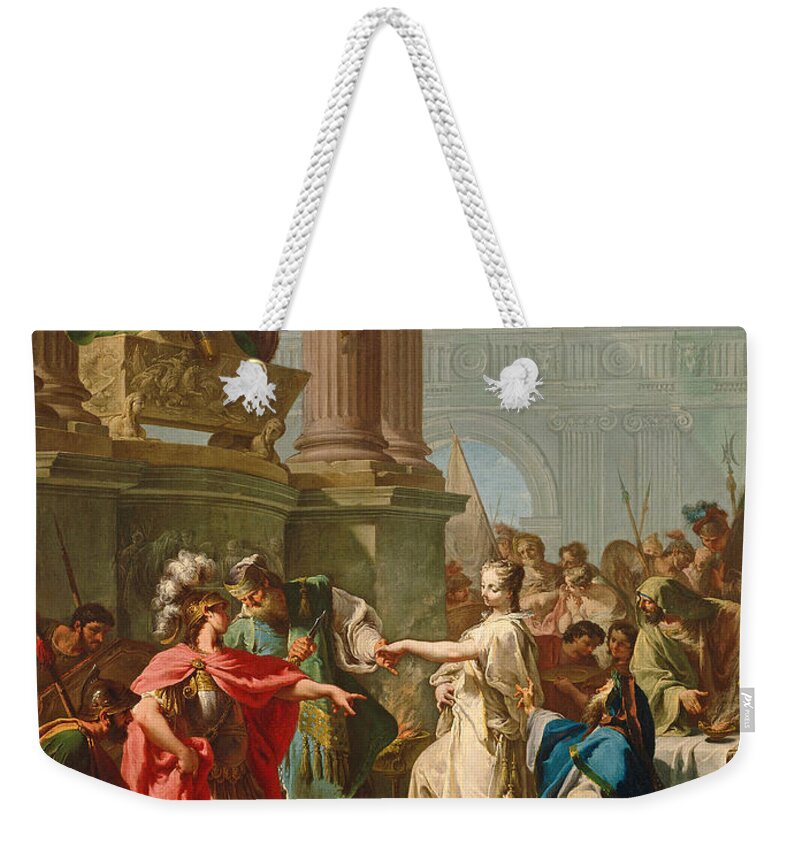 Giambattista Pittoni Weekender Tote Bag featuring the painting The Sacrifice of Polyxena by Giambattista Pittoni