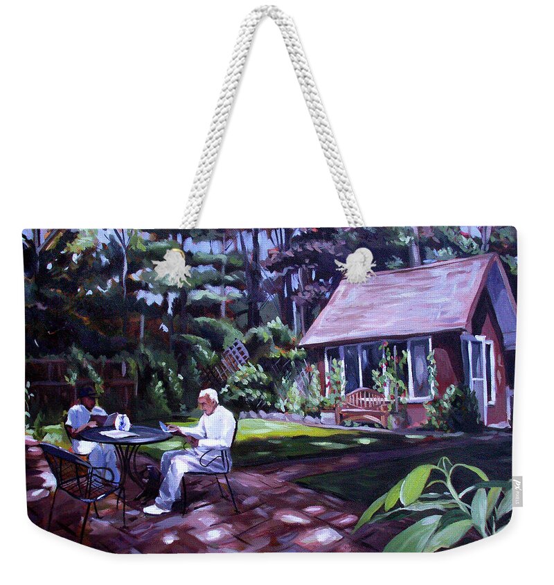 Landscape Weekender Tote Bag featuring the painting The Sunday Paper by Nancy Griswold