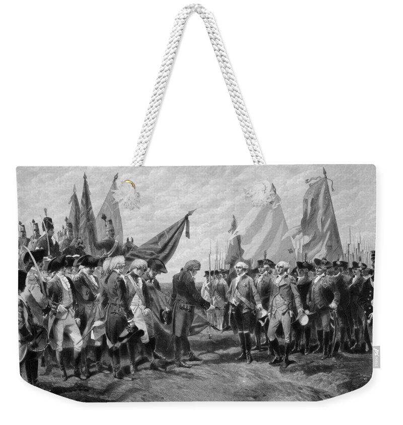 George Washington Weekender Tote Bag featuring the drawing The Surrender Of Cornwallis At Yorktown #2 by War Is Hell Store