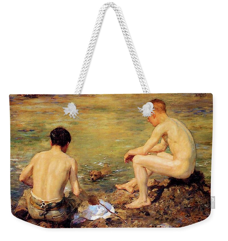 Henry Scott Tuke Weekender Tote Bag featuring the painting Three Companions #1 by Henry Scott Tuke