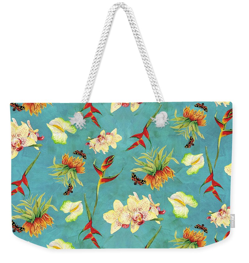 Orchid Weekender Tote Bag featuring the painting Tropical Island Floral Half Drop Pattern by Audrey Jeanne Roberts