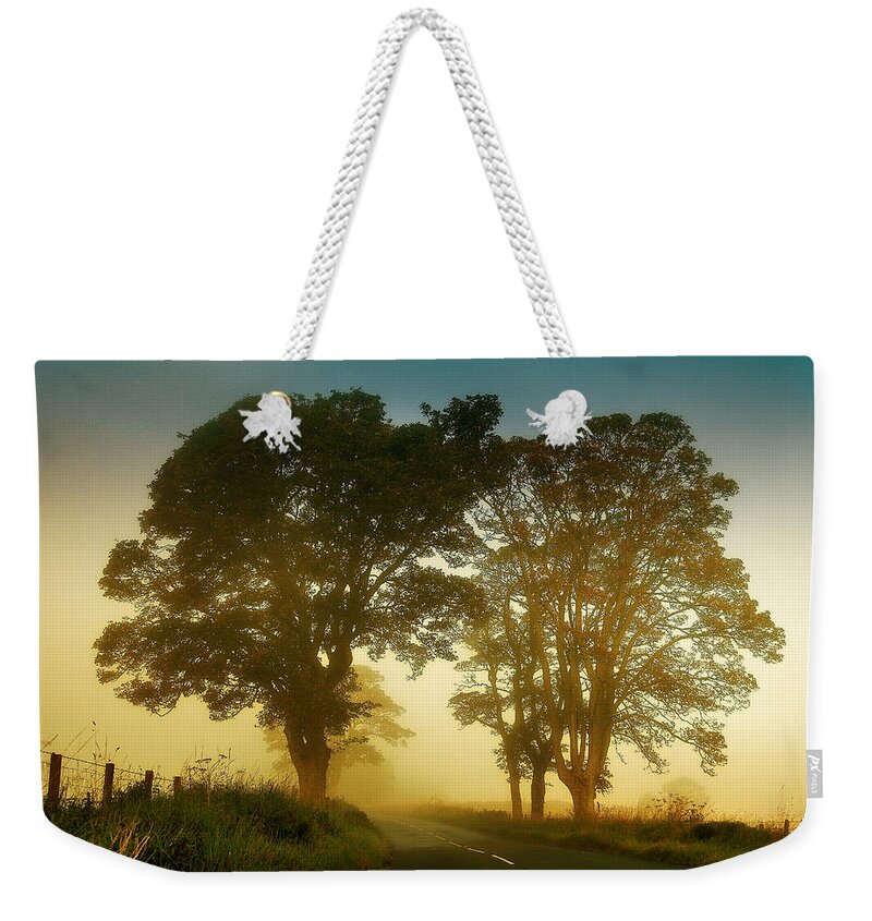 Scotland Weekender Tote Bag featuring the photograph Twilight Guardians. Misty Roads of Scotland by Jenny Rainbow