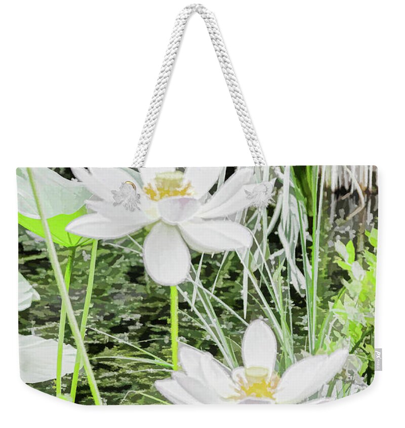 Aesthetic Weekender Tote Bag featuring the painting Two water-lilies #1 by Jeelan Clark