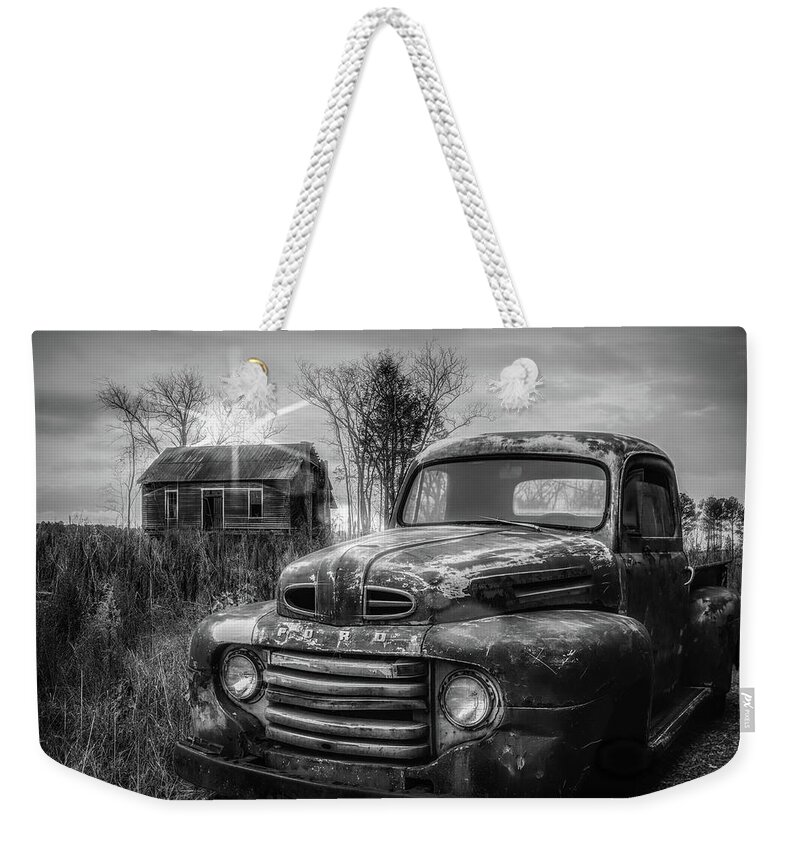 1948 Weekender Tote Bag featuring the photograph Vintage Classic Ford Pickup Truck in Black and White by Debra and Dave Vanderlaan