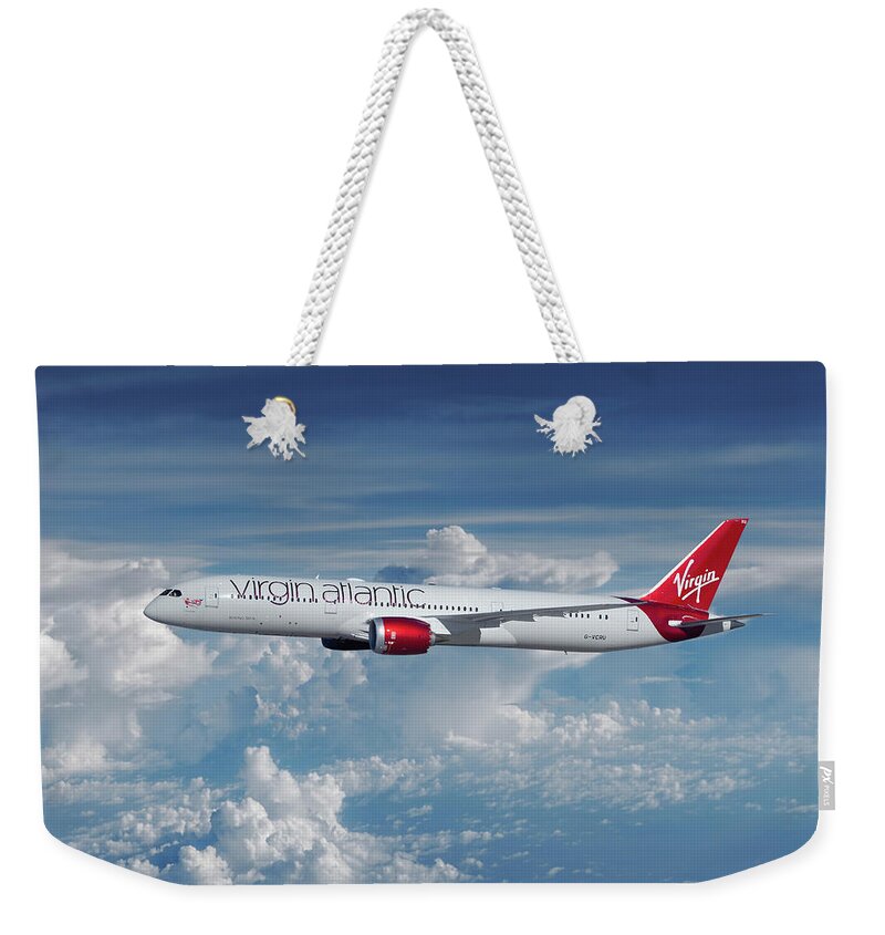 Virgin Atlantis Airlines Weekender Tote Bag featuring the mixed media Virgin Atlantic Dreamliner by Erik Simonsen