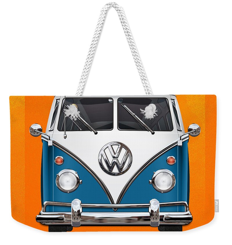 'volkswagen Type 2' Collection By Serge Averbukh Weekender Tote Bag featuring the photograph Volkswagen Type 2 - Blue and White Volkswagen T 1 Samba Bus over Orange Canvas by Serge Averbukh