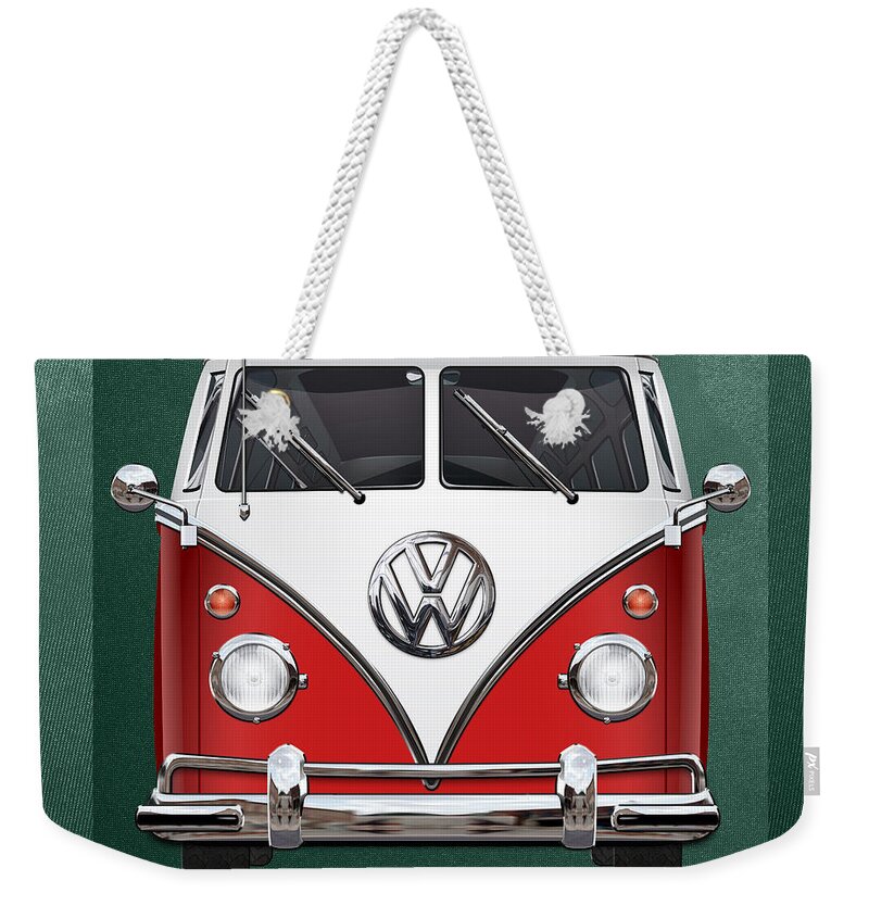 'volkswagen Type 2' Collection By Serge Averbukh Weekender Tote Bag featuring the photograph Volkswagen Type 2 - Red and White Volkswagen T 1 Samba Bus over Green Canvas by Serge Averbukh
