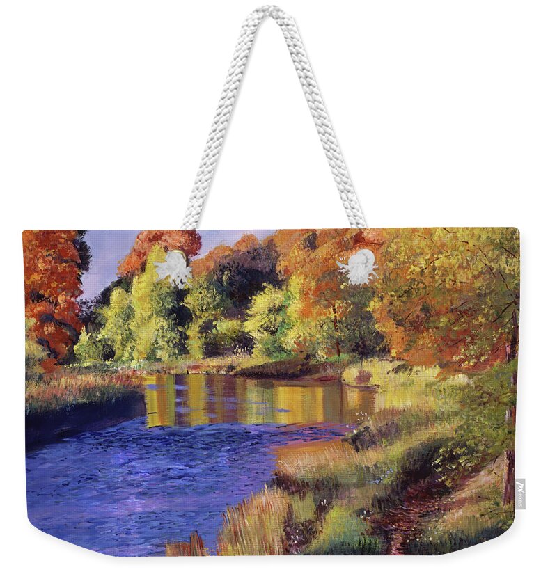 Landscape Weekender Tote Bag featuring the painting Whispering River #1 by David Lloyd Glover