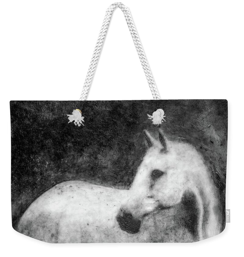 Horse Weekender Tote Bag featuring the mixed media White Horse Portrait by Roseanne Jones