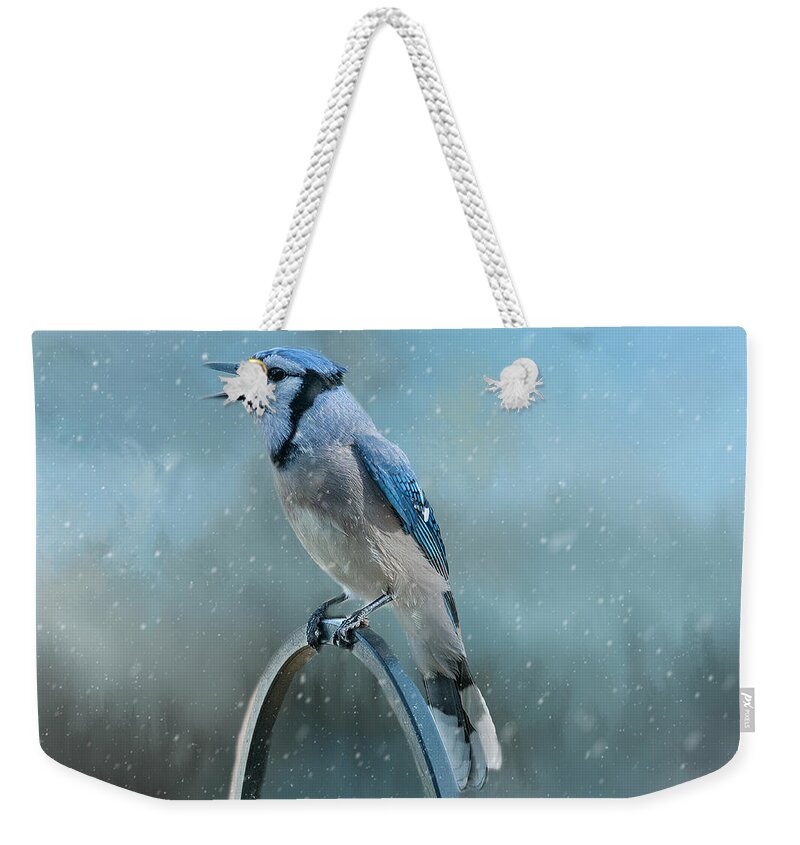 Blue Jay Weekender Tote Bag featuring the photograph Winter Blue Jay #1 by Cathy Kovarik