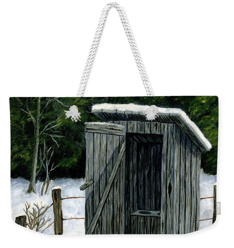 Outhouse Weekender Tote Bag featuring the painting Winter Outhouse #1 by Charlotte Bacon