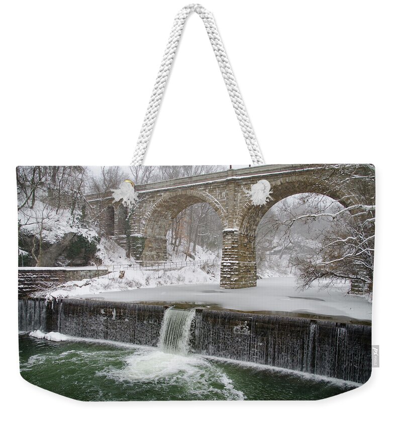 Winter Weekender Tote Bag featuring the photograph Winter Wonderland along the Wissahickon Creek #1 by Bill Cannon