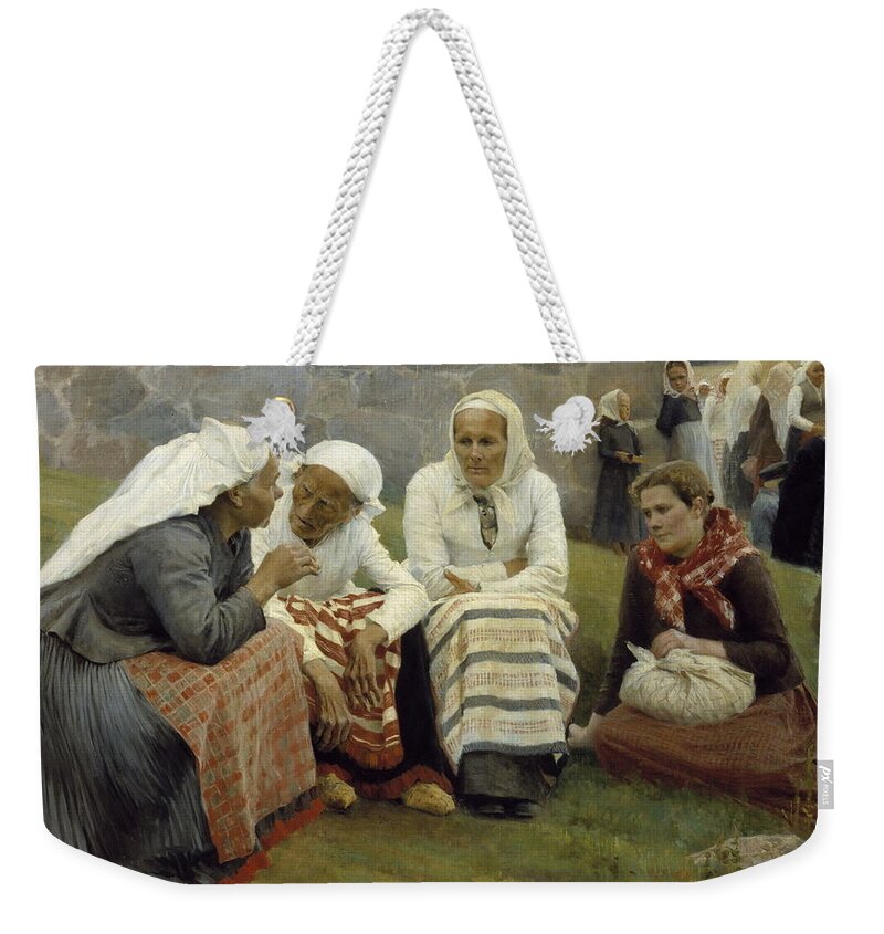 Albert Edelfelt Weekender Tote Bag featuring the painting Women Outside the Church at Ruokolahti by MotionAge Designs