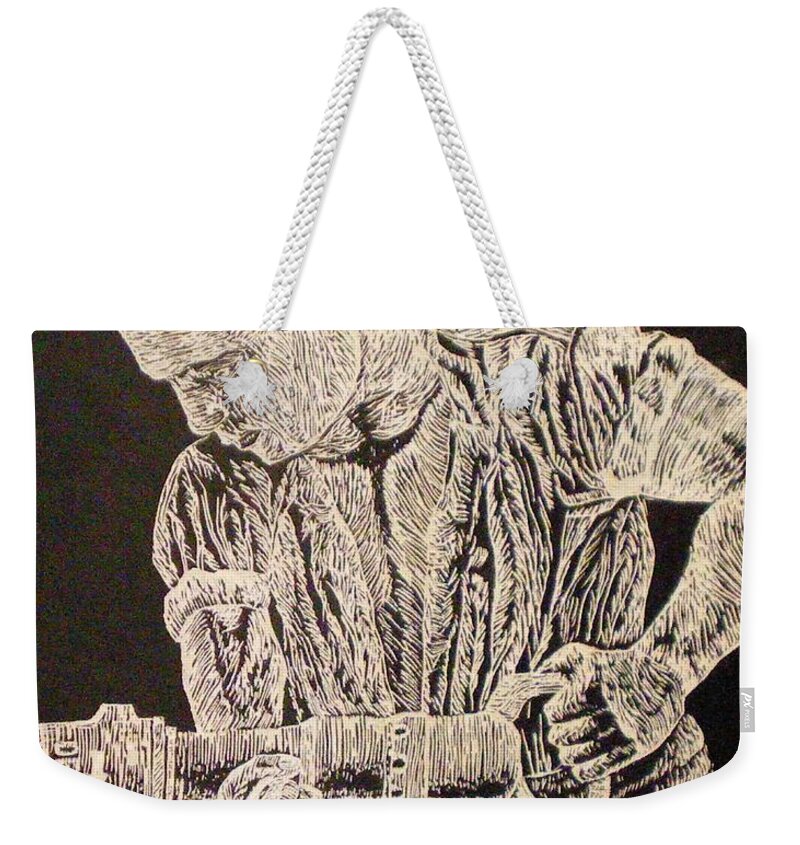 Scratch-board Weekender Tote Bag featuring the drawing Working Man #1 by Tammera Malicki-Wong