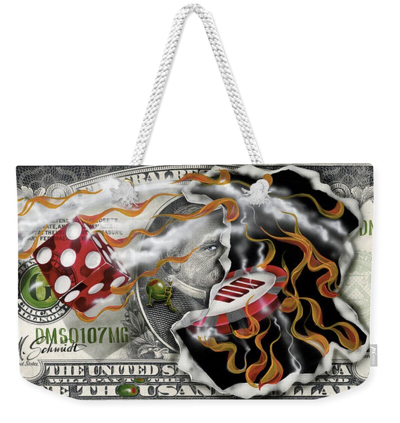 Lucky Numbers Weekender Tote Bag featuring the painting $1000 Bill Winning Big #1000 by Michael Godard
