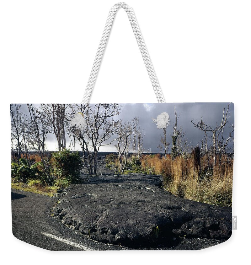 Volcano Weekender Tote Bag featuring the photograph 100925 Lava Flow On Road HI by Ed Cooper Photography