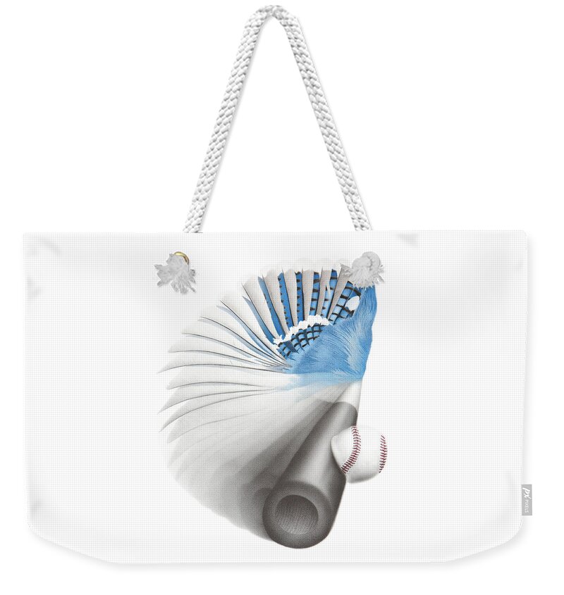 Blue Weekender Tote Bag featuring the drawing 11th Inning - Heavy Rain in the Forecast by Stirring Images