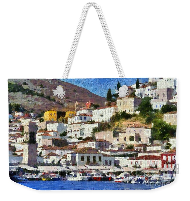 Hydra; Idra; Greece; Hellas; Greek; Hellenic; Argosaronic; Town; Village; Chora; Island; Islands; Holidays; Vacation; Travel; Trip; Voyage; Journey; Tourism; Touristic; Summer; Summertime; Traditional; Architecture; Tradition; Sea; House; Houses; Boat; Boats; Fishing; Port; Harbor; Paint; Paints; Painting; Paintings; Illustration; Illustrations Weekender Tote Bag featuring the painting Hydra island #10 by George Atsametakis