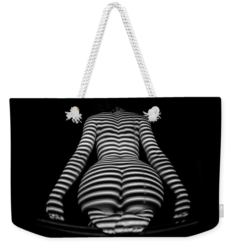 Zebra Woman Weekender Tote Bag featuring the photograph 1249-MAK Zebra Woman Rear View Striped Sexy Nude by Chris Maher