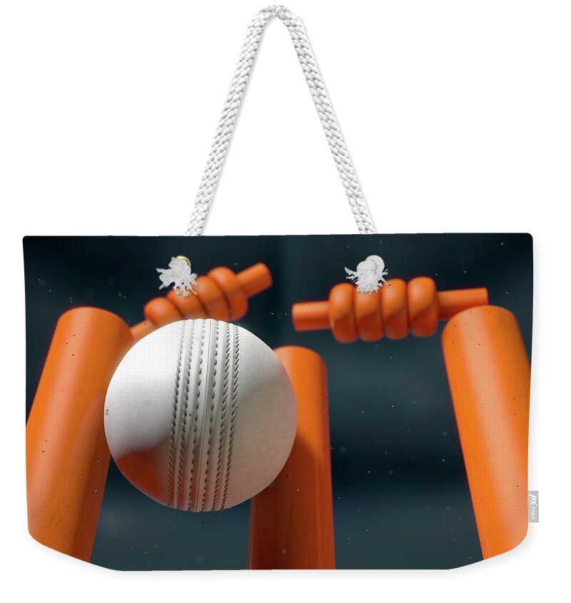 Action Weekender Tote Bag featuring the digital art Cricket Ball Hitting Wickets #13 by Allan Swart