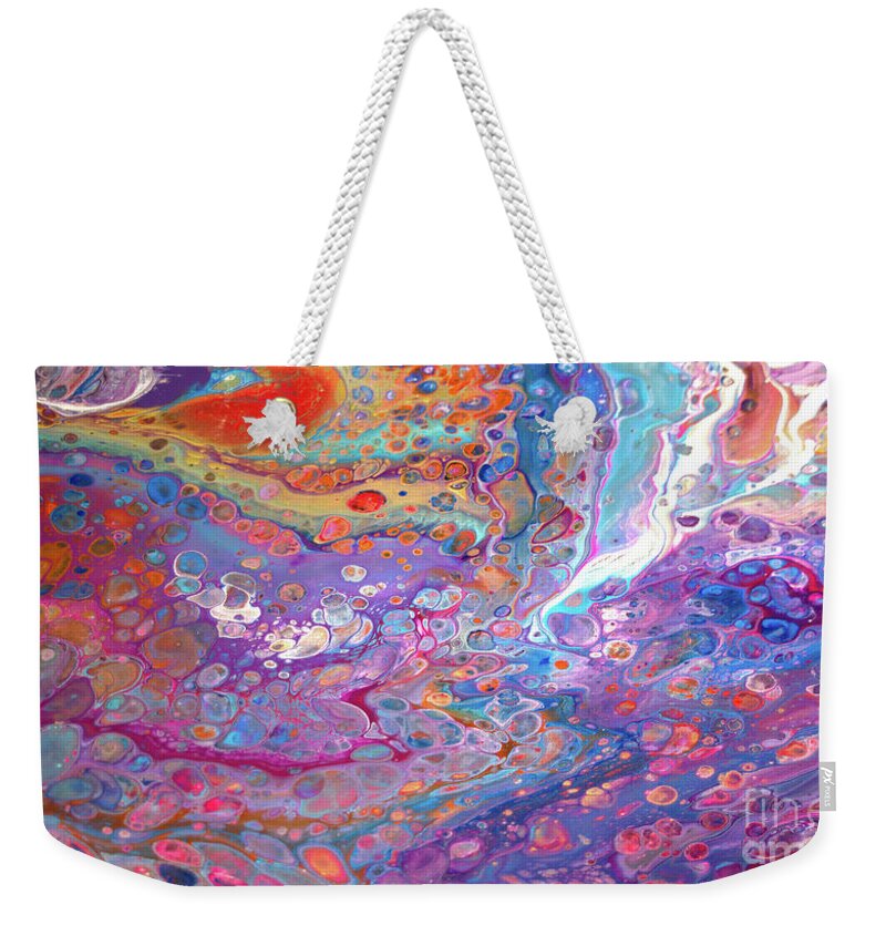 Liquid Acrylics Vibrant Lively Colorful Compelling Extraordinarily Beautiful Blue Dominates Gold Orange Purple Pink Turquoise Fuschia And White Weekender Tote Bag featuring the painting #149 Wet pour #149 by Priscilla Batzell Expressionist Art Studio Gallery
