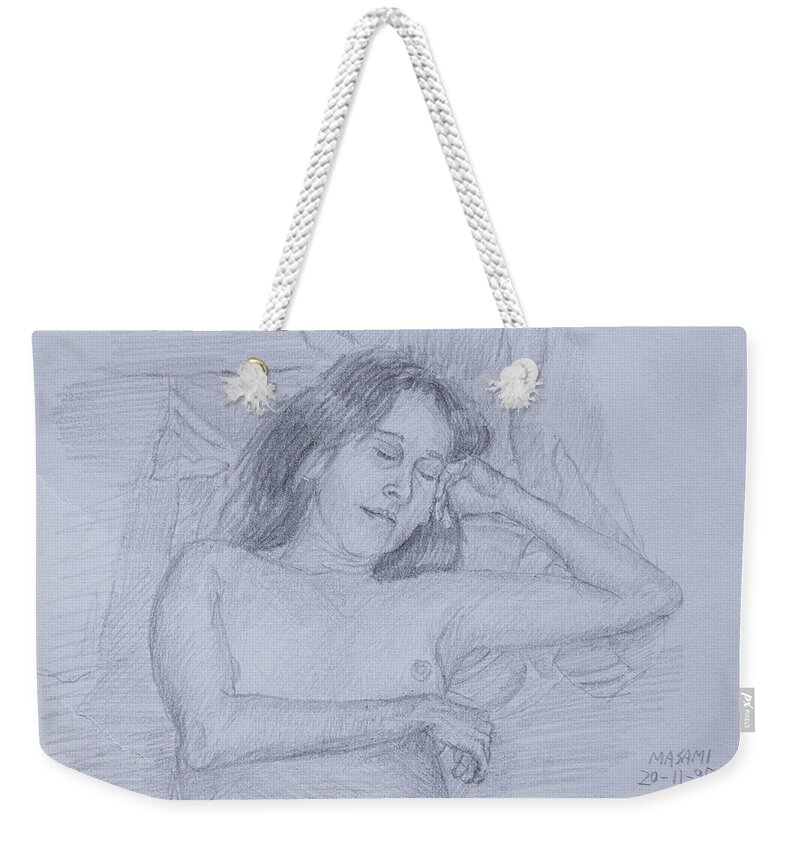 Nude Weekender Tote Bag featuring the drawing Nude Study #166 by Masami Iida