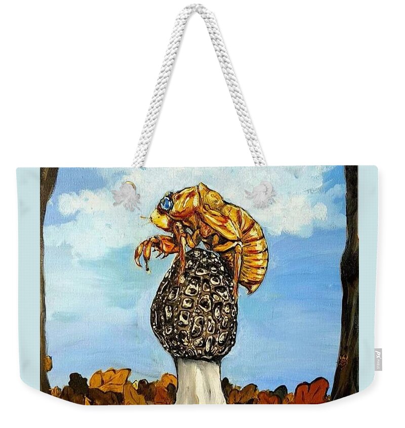 Morel Weekender Tote Bag featuring the painting 17 year Cicada With Morel by Alexandria Weaselwise Busen