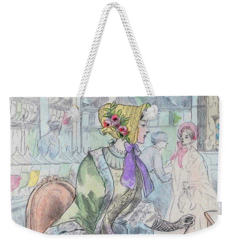 1850 Weekender Tote Bag featuring the drawing 1850 Paris France Fashion Drawing by Movie Poster Prints