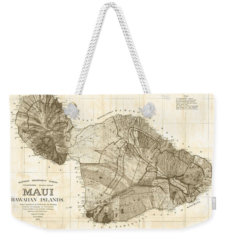 Maui Weekender Tote Bag featuring the digital art 1855 Government Survey Map of Maui Hawaii Updated in 1903 Sepia by Toby McGuire