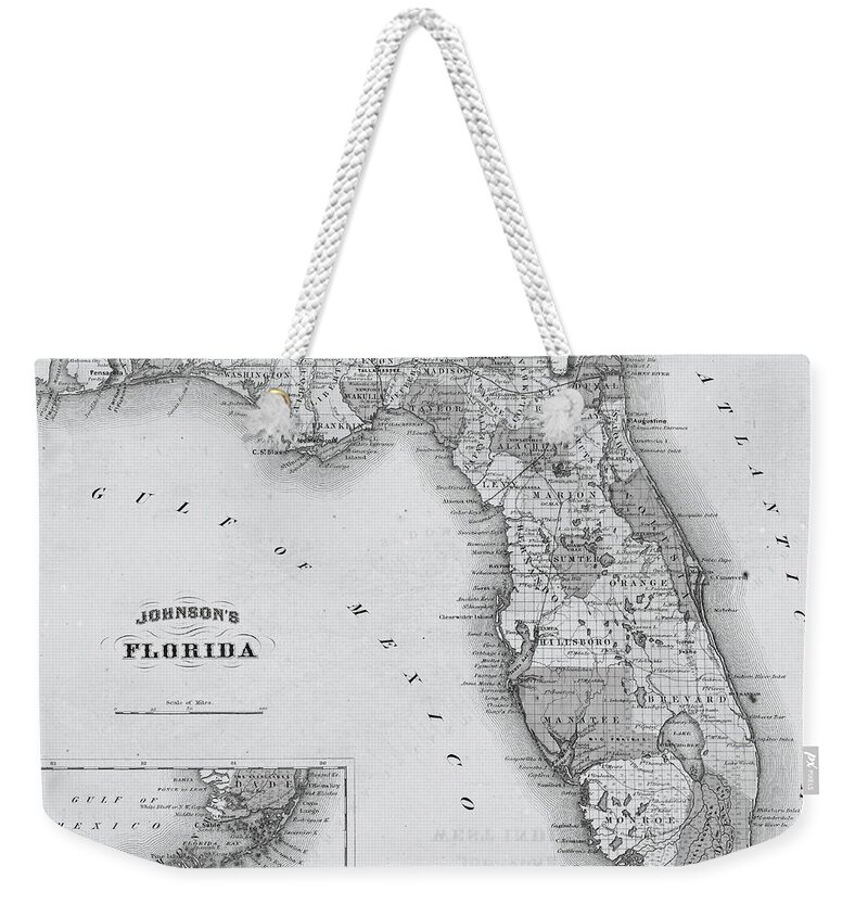 1864 Weekender Tote Bag featuring the photograph 1864 Florida Map Black and White by Toby McGuire