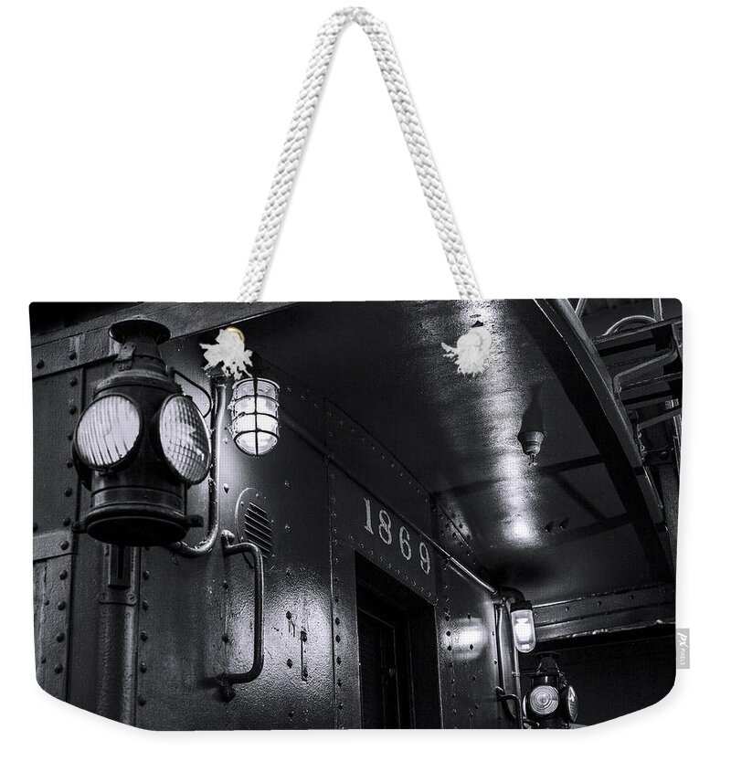 Arrested Decay Weekender Tote Bag featuring the photograph 1869 Caboose bw by Denise Dube