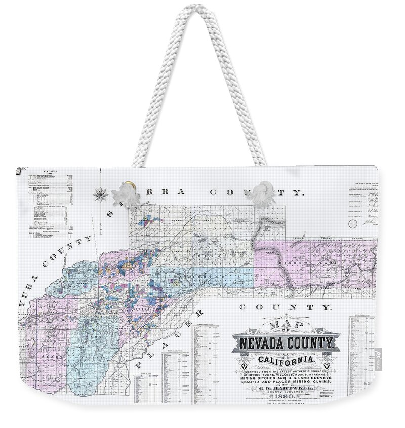 Map Weekender Tote Bag featuring the digital art 1880 Nevada County Mining Claim Map by Lisa Redfern