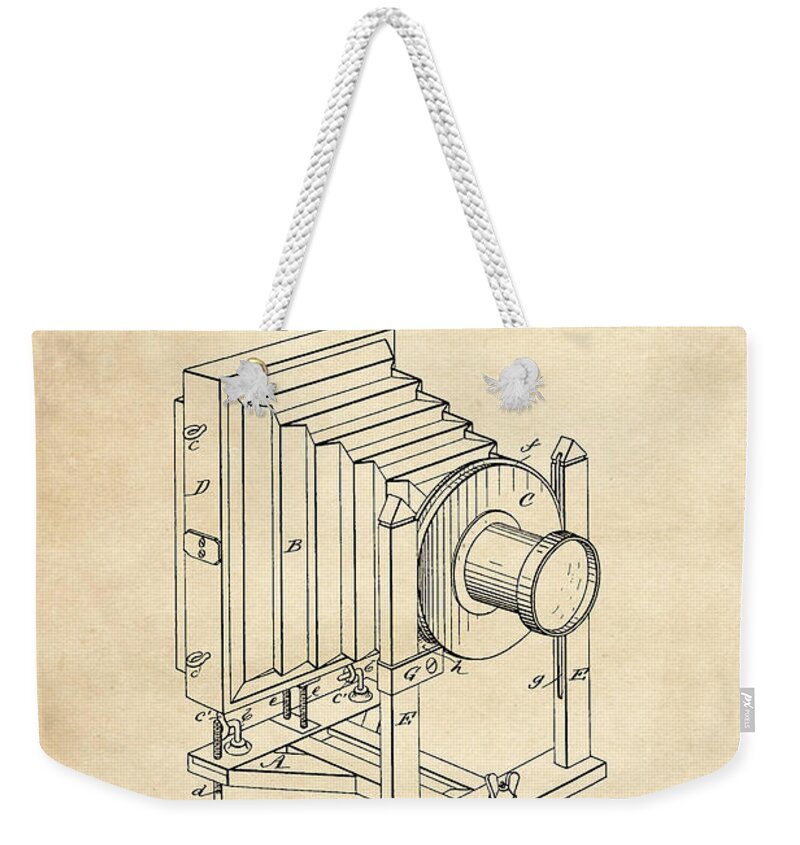 Patent Weekender Tote Bag featuring the digital art 1888 Camera US Patent Invention Drawing - Vintage Tan by Todd Aaron