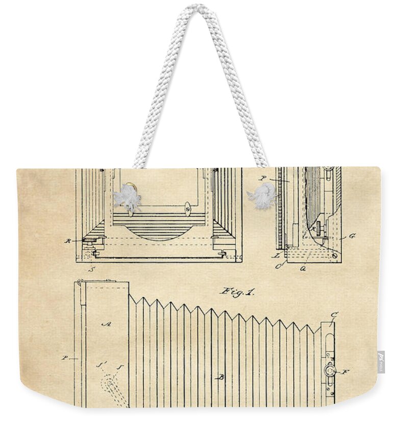 Patent Weekender Tote Bag featuring the digital art 1891 Camera US Patent Invention Drawing - Vintage Tan by Todd Aaron