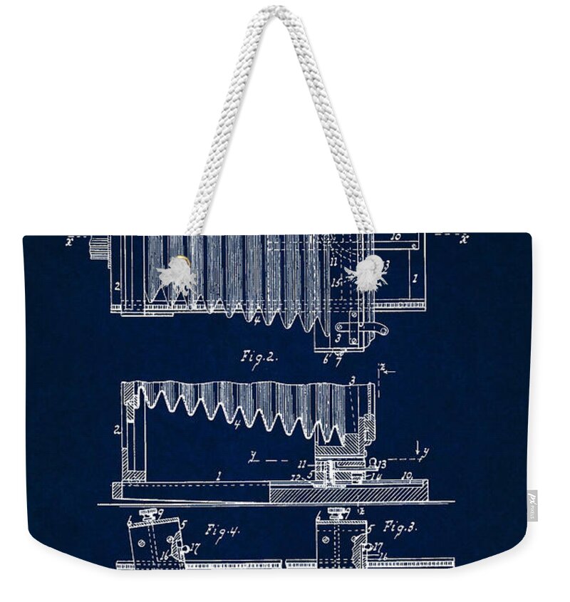 Patent Weekender Tote Bag featuring the digital art 1897 Camera US Patent Invention Drawing - Dark Blue by Todd Aaron