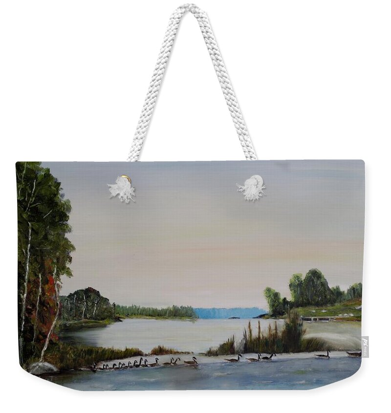 Geese Weekender Tote Bag featuring the painting 19 Geese by Marilyn McNish