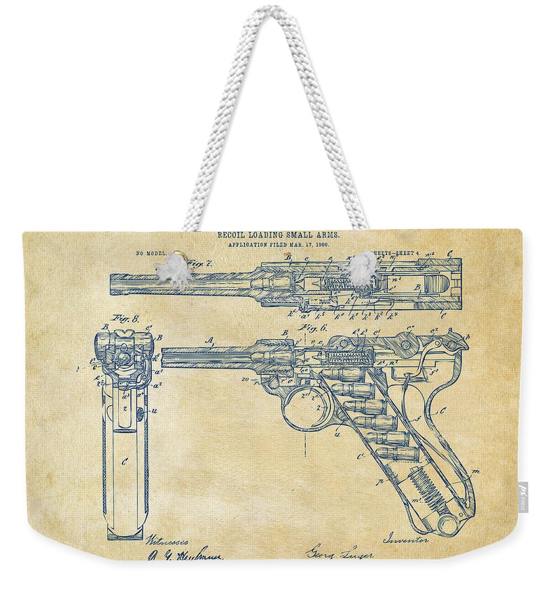 Luger Weekender Tote Bag featuring the digital art 1904 Luger Recoil Loading Small Arms Patent - Vintage by Nikki Marie Smith