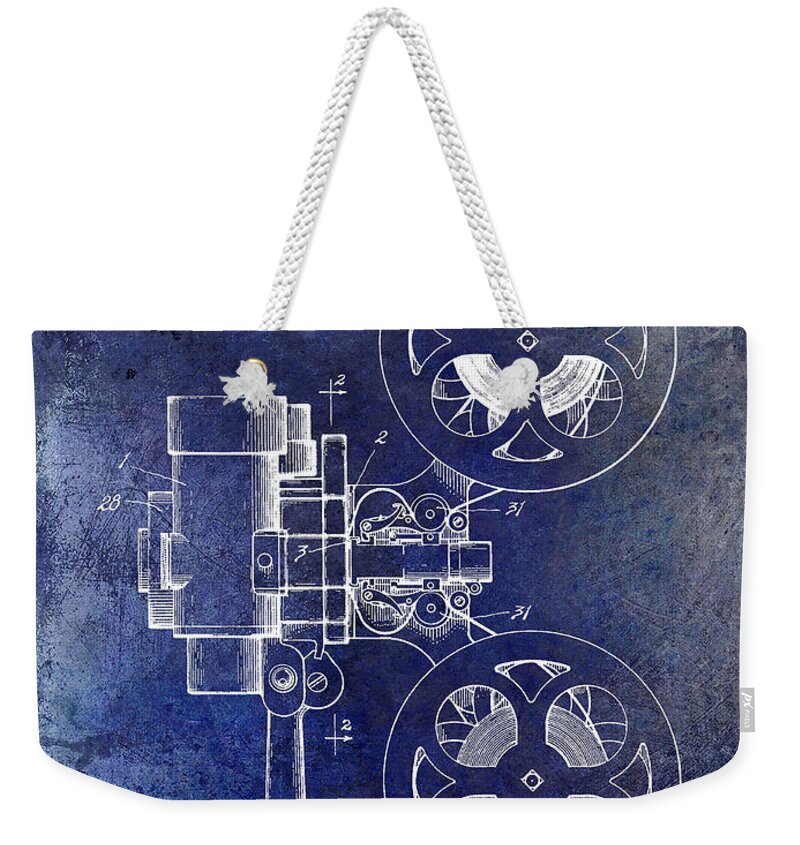 1931 Motion Picture Camera Patent Weekender Tote Bag featuring the photograph 1931 Movie Projector Patent Blue by Jon Neidert