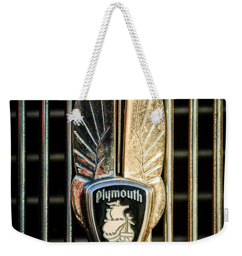 1934 Plymouth Emblem Weekender Tote Bag featuring the photograph 1934 Plymouth Emblem by Jill Reger