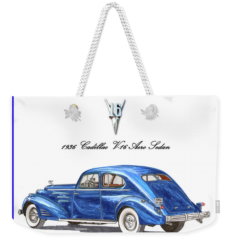 Vintage Luxury Automobiles Weekender Tote Bag featuring the painting 1936 Cadillac V-16 Aero Coupe by Jack Pumphrey