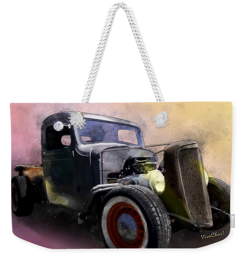 1936 Weekender Tote Bag featuring the digital art 1936 Chevy Rat Rod Pickup Watercolour by Chas Sinklier