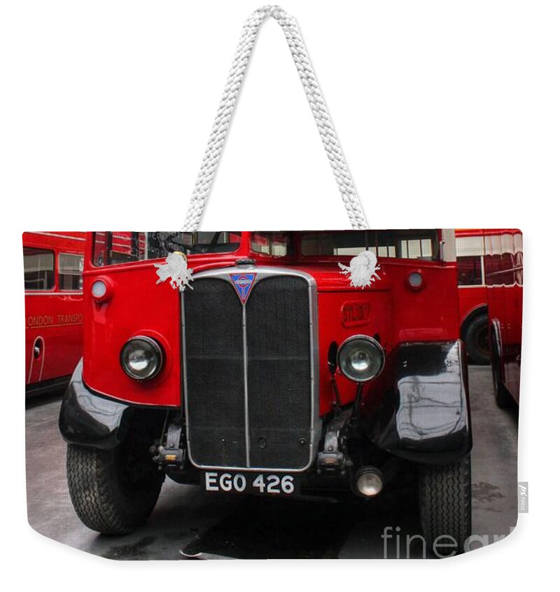 London Weekender Tote Bag featuring the photograph 1937 AEC Regent I Bus STL2377 by Vicki Spindler