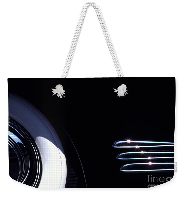 1338 Weekender Tote Bag featuring the photograph 1938 Cadillac Limo with Chrome Strips by Anna Lisa Yoder