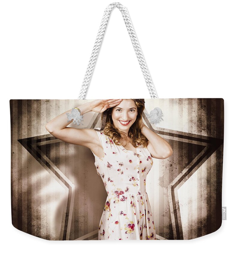 Woman Weekender Tote Bag featuring the photograph 1940s Aviation Pinup Girl Wearing Military Fashion by Jorgo Photography