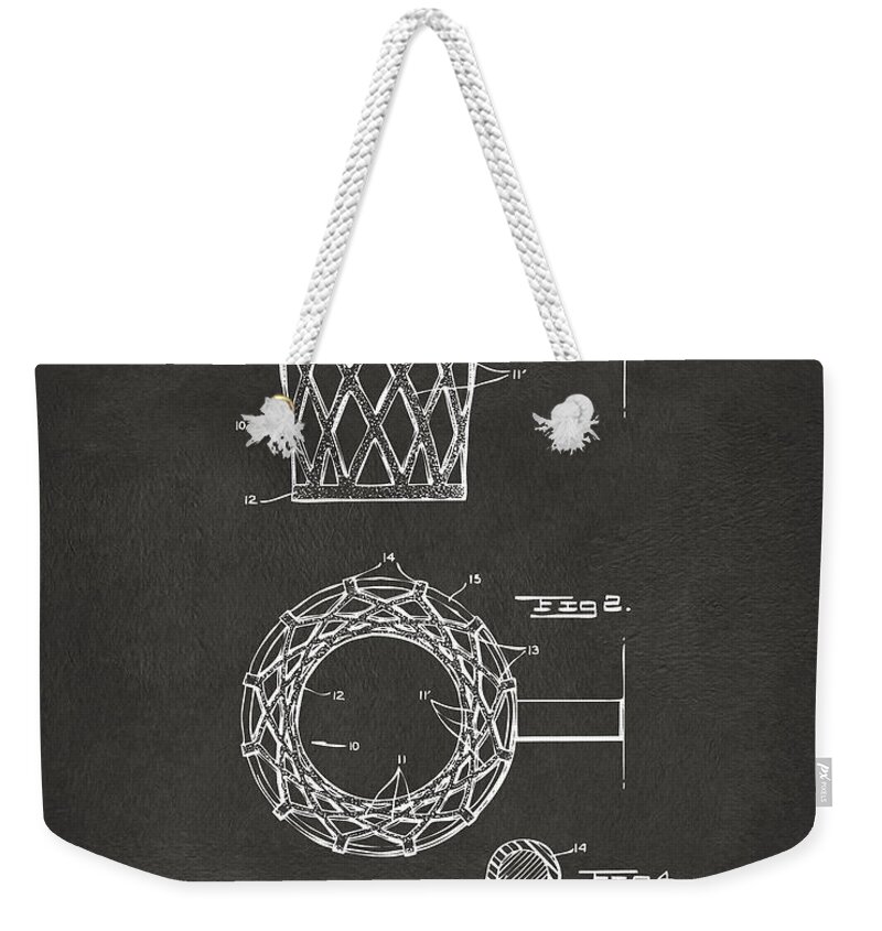 Basketball Weekender Tote Bag featuring the digital art 1951 Basketball Net Patent Artwork - Gray by Nikki Marie Smith