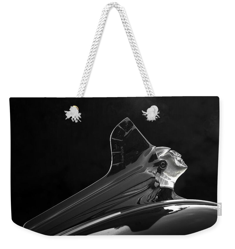 1052 Weekender Tote Bag featuring the photograph 1952 Pontiac Catalina Chieftan Lighted Hood Ornament 3 by Betty Denise