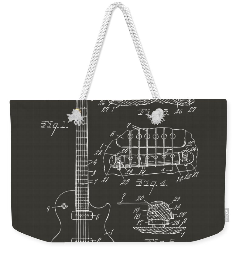 Guitar Weekender Tote Bag featuring the digital art 1955 McCarty Gibson Les Paul Guitar Patent Artwork - Gray by Nikki Marie Smith