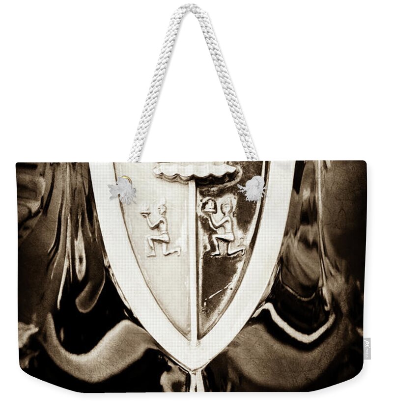 1956 Plymouth Emblem Weekender Tote Bag featuring the photograph 1956 Plymouth Emblem -0507s by Jill Reger